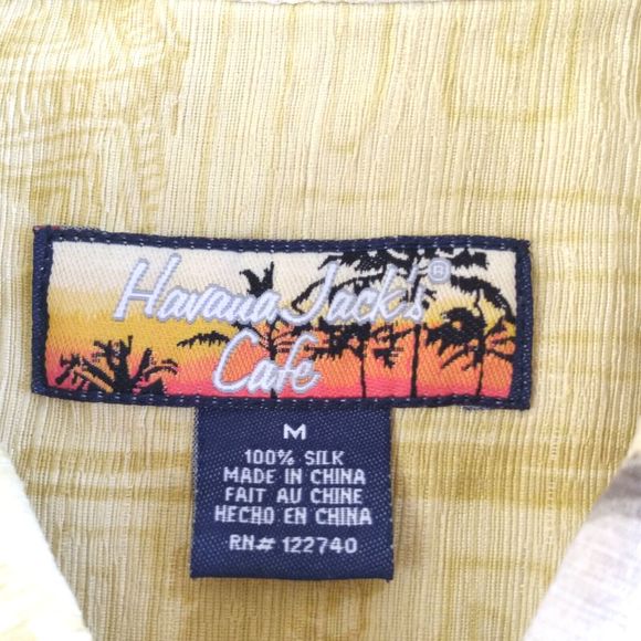Havana Jacks Cafe Shirt Mens Medium Yellow Floral Silk Hawaiian Postcard Camp - Picture 7 of 9